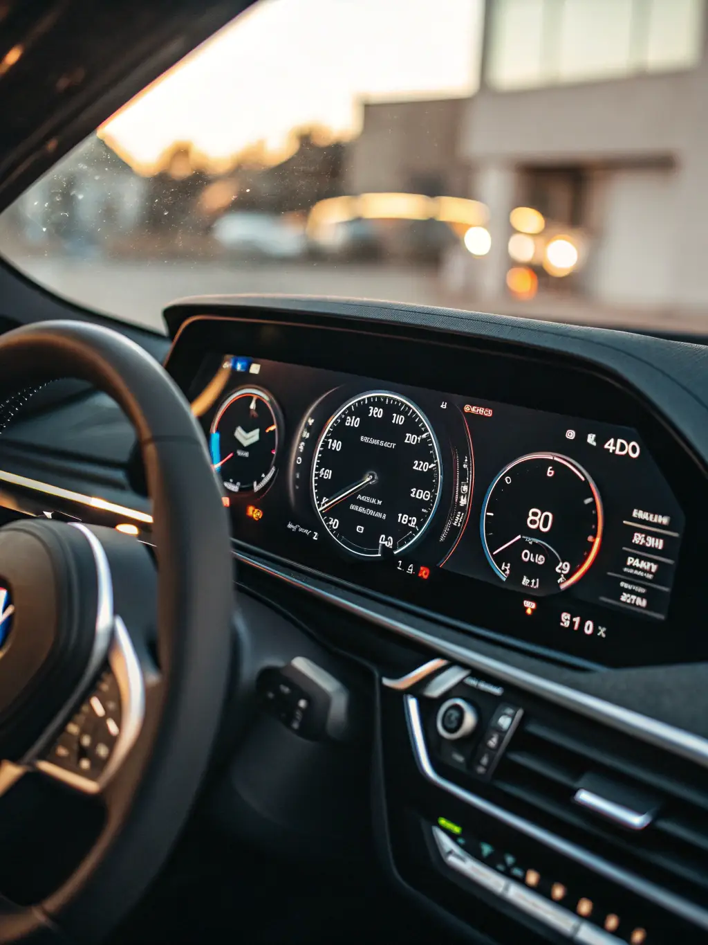 A fuel efficiency gauge in a BMW 3 Series, illustrating the improved MPG achieved after installing an eco-friendly tuning chip from mod4cars.pl, highlighting fuel savings.