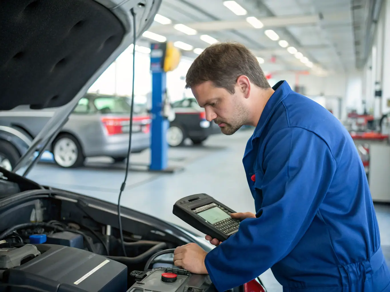 A professional technician installing a tuning chip into a car's engine control unit (ECU) inside a well-lit garage, showcasing precision and expertise.