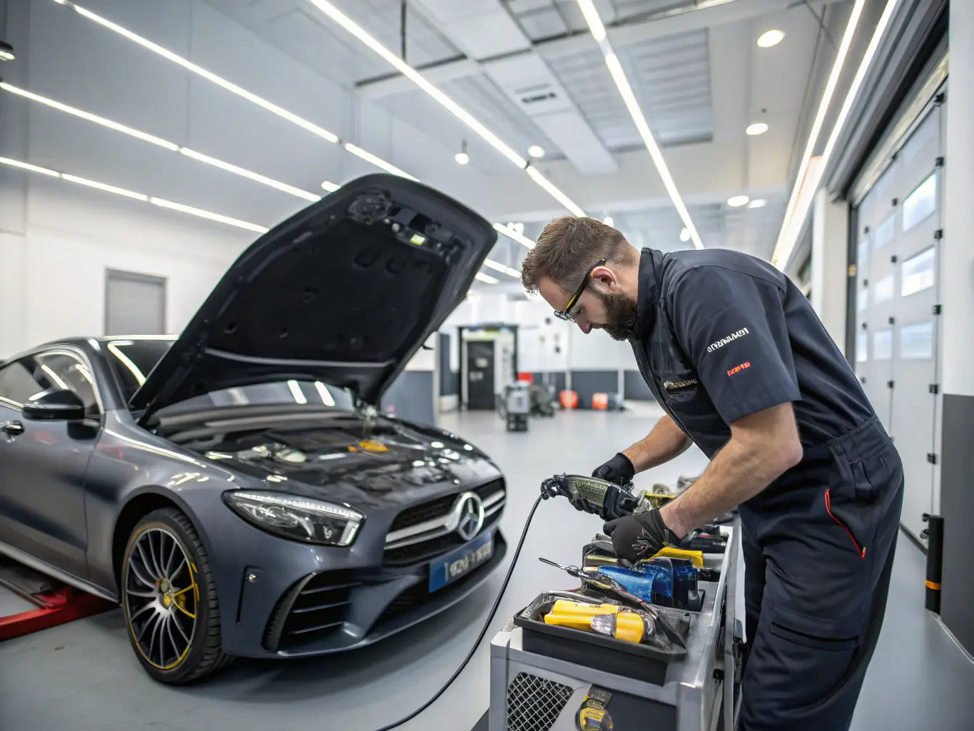A customer's car undergoing a tuning chip installation, with the technician explaining the process and benefits to the car owner, highlighting customer satisfaction.
